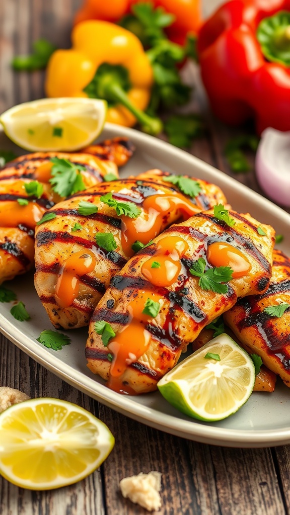 Juicy grilled chili lime chicken garnished with cilantro and lime, served with colorful vegetables.